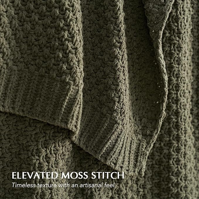 EVERGRACEHOME Chunky Polyester Knit Throw Blanket for Couch, Soft Luxurious Oversized King Moss Stitch Blanket for Bed, Large Cozy Farmhouse Knitted Throw for Sofa, Olive Green, 92" x 108"