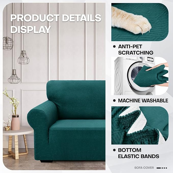 ZNSAYOTX 1 Piece Jacquard Couch Covers for 2 Cushion Couch High Stretch Loveseat Slipcover for Pets Dogs Anti Slip Love Seat Sofa Slipcover Furniture Protector (Medium, New Pattern Blackish Green)