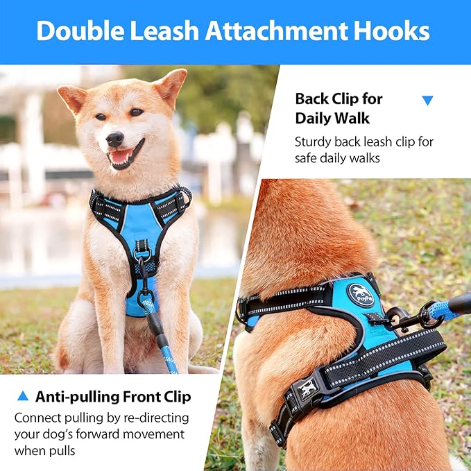 PoyPet No Pull Dog Harness, No Choke Front Lead Dog Reflective Harness, Adjustable Soft Padded Pet Vest with Easy Control Handle for Small to Large Dogs(Blue,M)