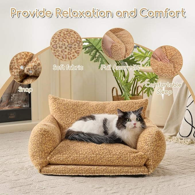 Hollypet Cat Bed Fluffy Plush Multifunctional Double-Layer Machine Washable Soft Warming Kitty Pet Couch Orthopedic Nest Beds for Small Cats Kitten and Dogs up to 13lbs, Yellow Leopard(25x20x13 inch)