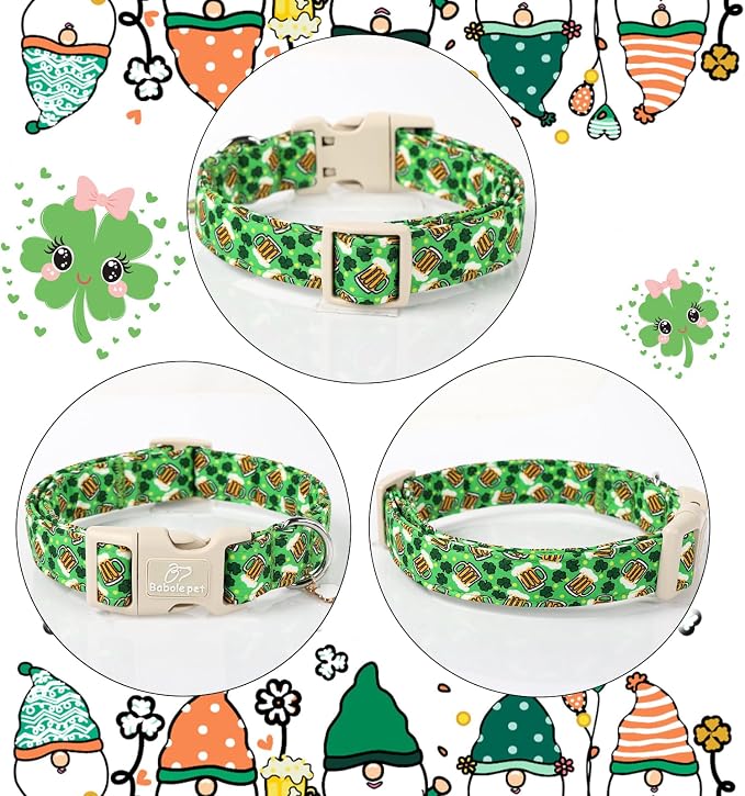 St Patricks Day Dog Collar for Large Dogs - Green Beer Shamrock Dog Collars for Boys&Girls Dogs, Adjustable Irish Clover Puppy Collar with Quick Release Buckle L