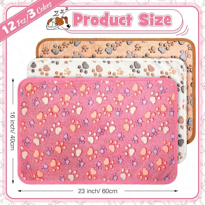 Tegeme 12 Pcs Pet Blankets 23 x 16 Inch Soft Fluffy Fleece Dog Cat Warm Paw Print Pattern Blankets Flannel Throw for Pets Dog Puppy Cat(Pink,Beige,Camel)