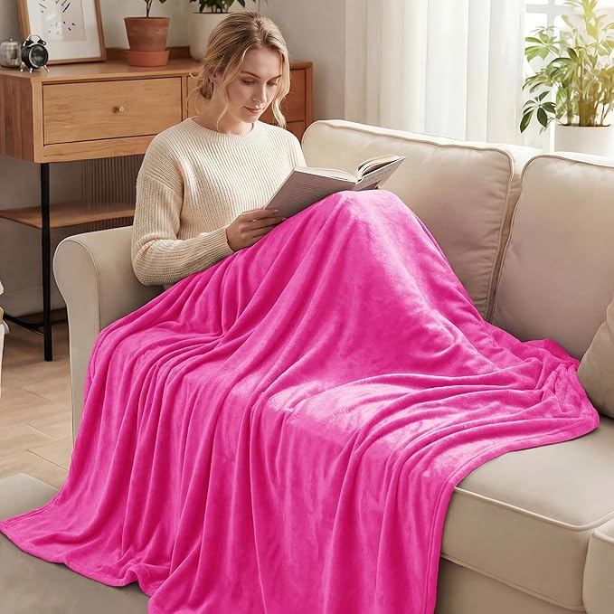Exclusivo Mezcla Fleece Blankets Queen Size for Bed, Super Soft and Warm, All Season, Cozy, Plush, Lightweight, 90x90 Inches, Hot Pink