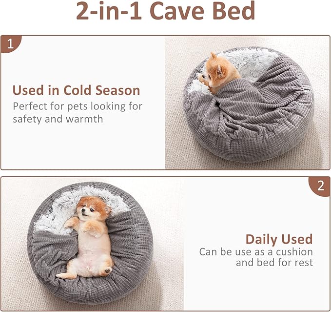 MIXJOY Dog Bed with Blanket, Round Calming Cozy Cave for Medium Dogs, Soft Plush Cuddler Puppy Bed and Burrow Cave, Anti-Slip Bottom, 26inch