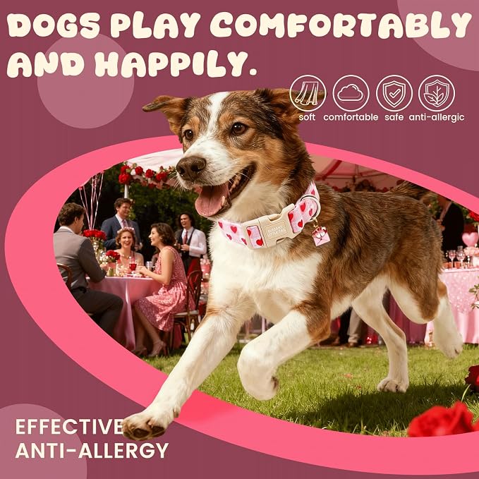 Elegant little tail Valentine's Dog Collar - Pink Plaid Red Heart Dog Collars Cotton Soft Puppy Adjustable Pet Collars with Sturdy Quick Release Buckle for Small Dogs