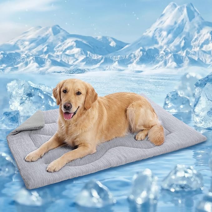 Queenmore Large Dog Cooling Mat for Dog, Portable Flat Pet Bed for Dogs and Cats, Non-Slip Summer Pet Sleeping Mat, Machine Washable, Dogs Cooling Pad Indoor (Grey Wave, XLarge(43" x 31"))