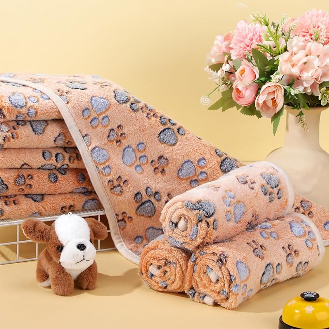Chumia 40 Pcs Dog Blankets Soft Fluffy Fleece Washable Puppy Sleep Blankets Small Mat for Pets Throw Warm Bed Mat for Dog Puppy Cat (Brown,Paw)
