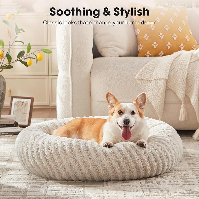 MIXJOY Dog Beds for Small Dogs, Washable Dog Bed with Removable Cover, Small Cat Bed for Indoor Cats, Calming Soft Dount Pet Beds with Anti Slip Bottom, Cute Puppy Beds, 23"x23"x8", White