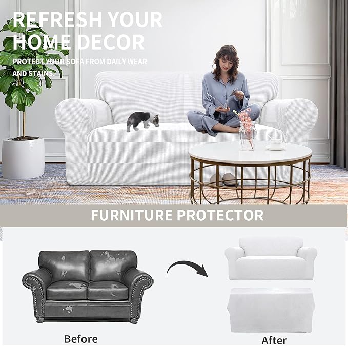 Easy-Going Stretch Oversized Loveseat Slipcover 1-Piece Sofa Cover Furniture Protector Couch Soft with Elastic Bottom for Kids Polyester Spandex Jacquard Fabric Small Checks Snow White