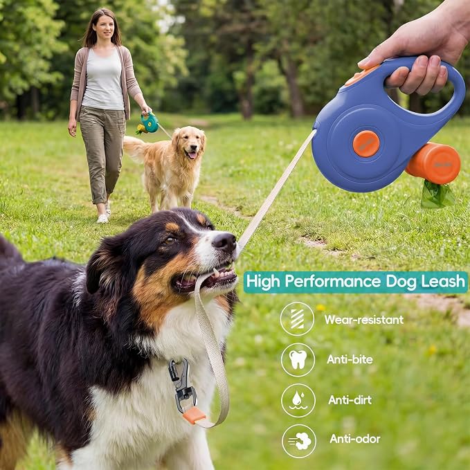 Retractable Dog Leash 10FT for Small & Medium Dogs, Sturdy Heavy-Duty Nylon Tape with Secure Locking Carabiner & Poop Bag Holder, Smooth One-Hand Control, Anti-Slip Handle, Tangle-Free Design (Blue)