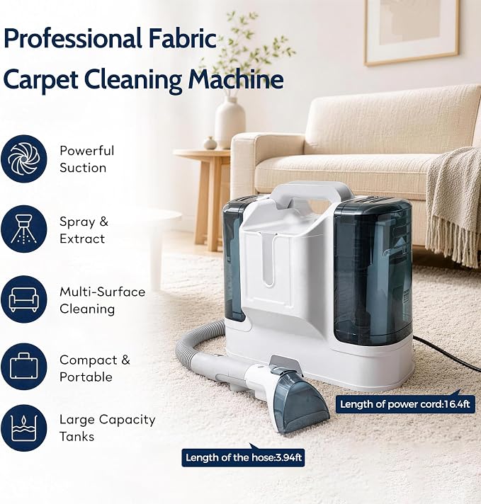 Portable Carpet Cleaner Machine,16Kpa Power Suction with Versatile Tools for Pets,Rugs,Couch and Sofa,Car and Seat Furniture,Fabric Wet Vacuum Spot Handheld Small Mini Water Deep Extractor Washer