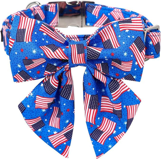 Maca Bates American Flag Dog Collar with Sailor Bow 4th of July Dogs Bowtie Adjustable Durable Patriotic Collars USA Collor Blue Independence Day 4 of 7 Gift for Small Medium Large Boy Girl Puppy