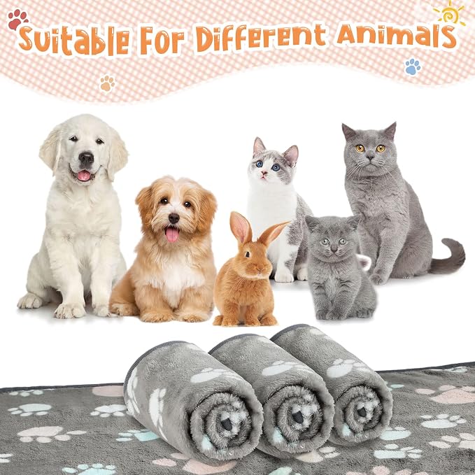 Tatuo 4 Pack Fleece Dog Blankets for Puppy Cats Multi-Size Sleep Mat for Pet Guinea Pig Soft Washable Warm Crate Bed Puppy Teething Toys Print Pattern Blanket Indoor(Dark Gray,24 x 16 Inch,Paw)