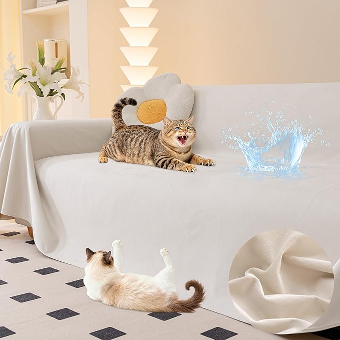 Loiion Velvet Sofa Cover, Ultra Soft Waterproof Non-Slip Couch Cover for Pets, Cat-Scratch Resistant Couch Cover, Pet & Kid Proof Scratch & Hair Resistant Washable Furniture Protector 118"X91" Beige
