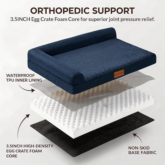 Patas Lague Orthopedic Jumbo Dog Bed for Extra Large Dogs 56''X40'', Waterproof L Bolster Jumbo Pet Sofa Beds with Removable Washable Cover, Soft Pet Couch Crate Mat with Nonskid Bottom, Navy Blue