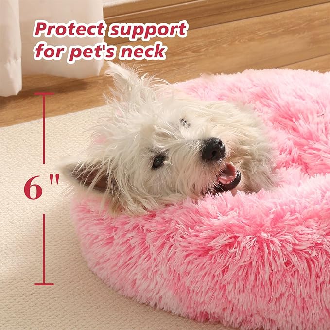 Calming Donut Dog Bed with Hooded Blanket – Plush Fluffy Cave Bed for Small & Medium Dogs, Machine Washable Anti-Anxiety Pet Bed for Cats