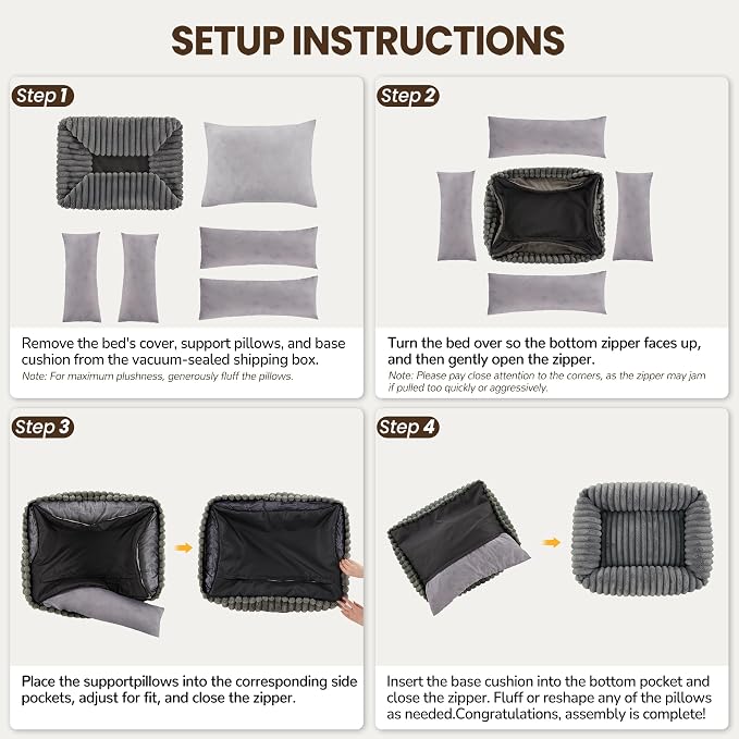 Washable Dog Bed Small Medium Size Dog, Rectangle Orthopedic Pet Bed for Car and Indoor,Fluffy Memory Foam Dog Beds with Anti-Slip Bottom,Grey(25x21x7inchs)