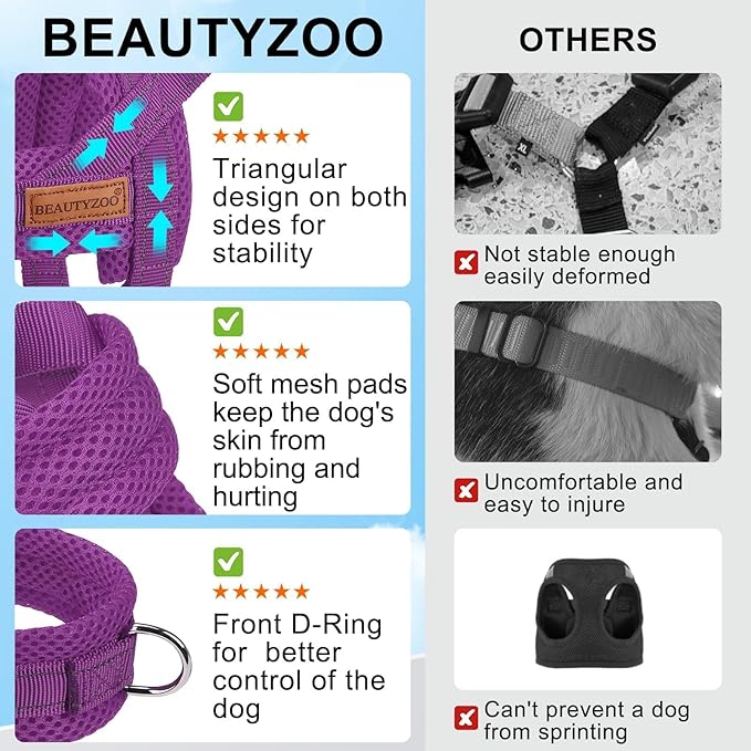 BEAUTYZOO Dog Harness for Small Dogs, No Pull Dog Harness and Leash Set, Soft Escape Proof Puppy Vest Harness with Handle, Reflective Lightweight Step in Harness for Girl Boy Dogs, Purple XS
