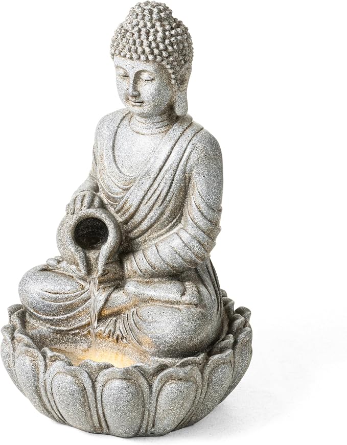 Glitzhome Buddha Fountain Outdoor 20.5" H, 2-Tier Zen Style Concrete Meditating Buddha Statues Water Fountains with Pump & LED Light, Buddhas Floor Fountains Sculpture for Garden Patio Backyard