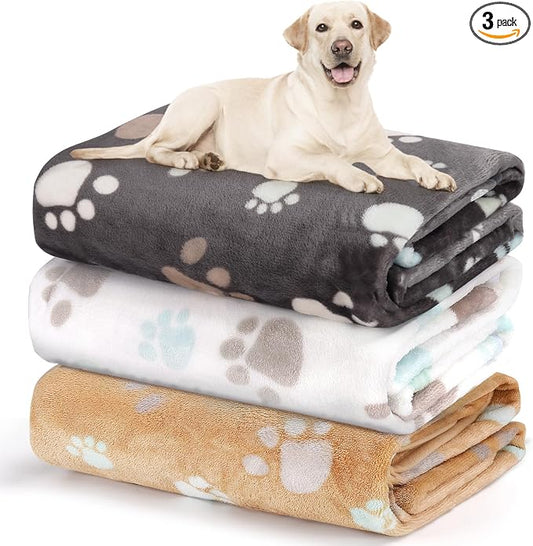 Dog Blanket for Large Dogs 3 Pack Dog Cat Flannel Blankets Washable Soft Pet Throw Cover for Kennel Crate Bed Cute Paw Pattern Pet Blanket Grey/White/Brown 41" x 31"