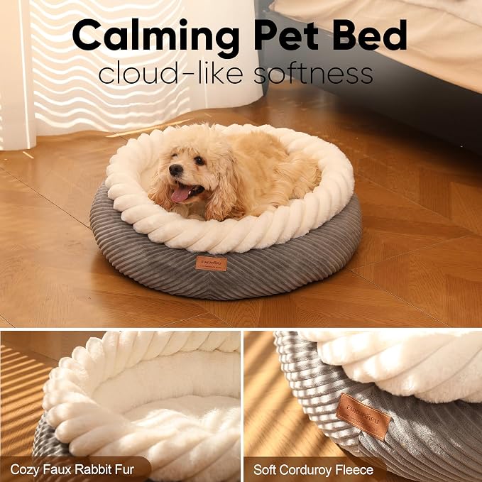 FUKUMARU Dog Bed, 25in Large Round Cat Beds, Plush Faux Fur&Corduroy Cat Beds, Cute Round Washable Pet Bed for Large Cats and Small Dogs, Cat Cave with Anti-Slip Bottom, 25inch, Grey