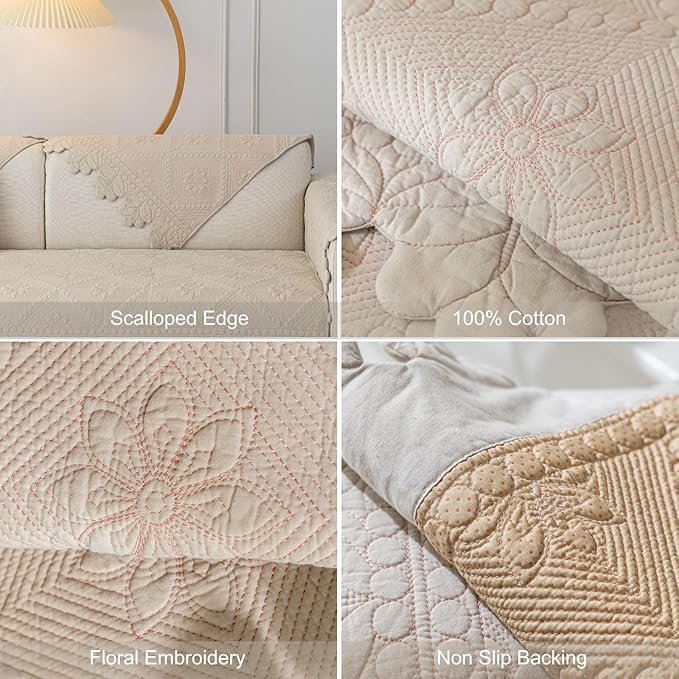 Cotton Quilted Dog Couch Cover for Sofa Farmhouse Rustic Embroidery Sectional Couch Cover Soft Anti-Slip Sofa Slipcover Furniture Protector for Kids, Pets (Khaki,43"x94")