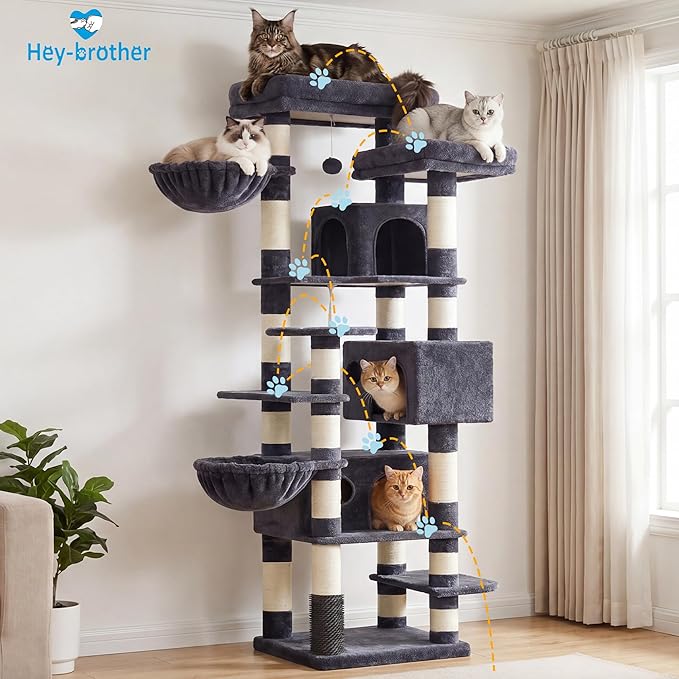 Hey-brother Cat Tree, 74 inches Multi-Level XL Large Cat Tower for Indoor Cats with Three Cat Condos, Two Large Top Decks and Cat Hairbrushfor Kittens, Cats and Pets, Smoky Gray MPJ035-MG