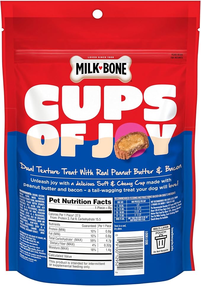 Milk-Bone Peanut Buttery Cups, Filled Soft Dog Treats with Jif Peanut Butter & Real Bacon, 11.8 Oz. Bag