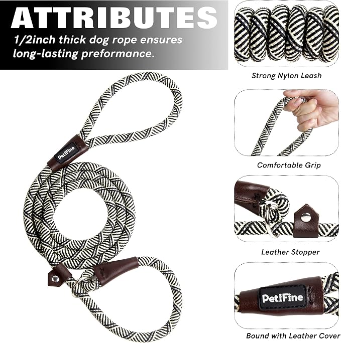 PetiFine Slip Lead Dog Leash,6FT x 1/2" Reflective Durable Dog Training Lead, Heavy Duty Adjustable Nylon Dog Rope Slip Leash for Small Medium Large Dogs (Grey)