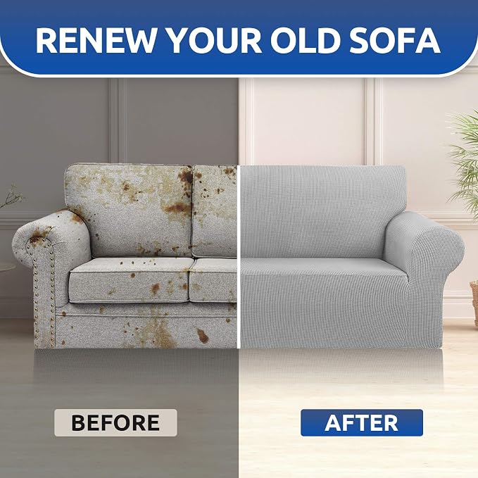 KEKUOU Stretch Oversized Sofa Slipcover 1 Piece Couch Sofa Cover (94"-110") Furniture Protector 4 Seater Sofa with Elastic Bottom for Kids,Pet.Jacquard Checked Pattern Fabric(X Large,Silver)