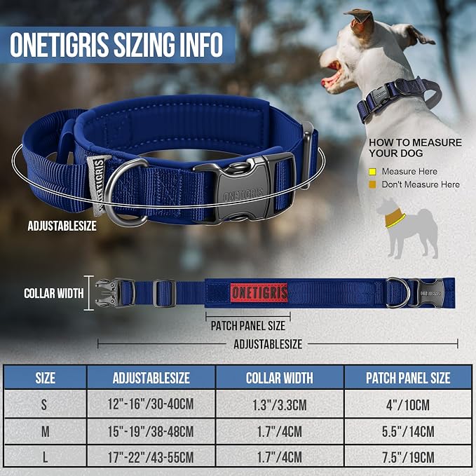 OneTigris Tough Dog Collars, Tactical Dog Collar with Handle, Milltary Adjustable Dog Collar with Heavy Duty Metal Buckle for Training (Large,Blue)