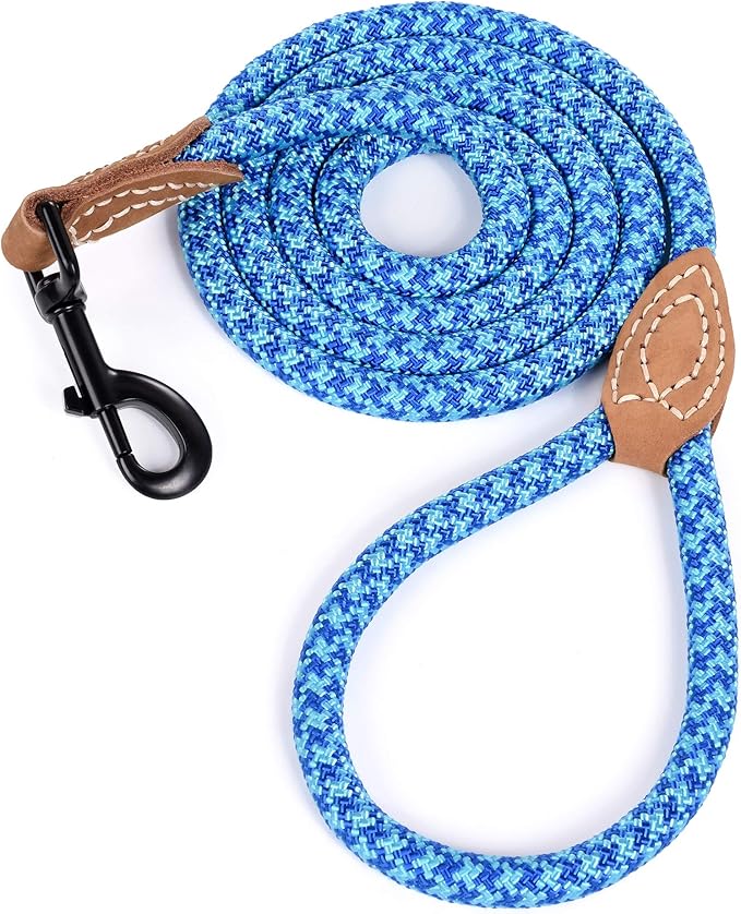 Mile High Life | Mountain Climbing Dog Rope Leash with Heavy Duty Metal Sturdy Clasp | Genuine Leather Tailored Connection with Strong Stitches (Sky Blue Hot Blue, 48 Inch (Pack of 1))