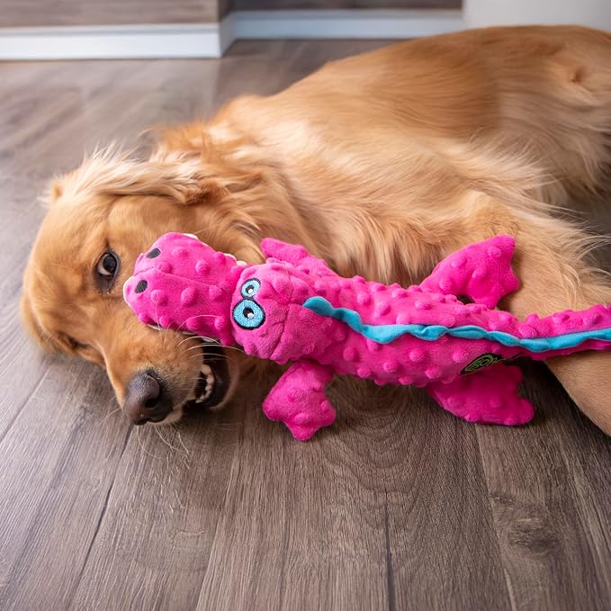 goDog Gators Squeaky Plush Dog Toy with Chew Guard Technology, Durable Fabric & Squeaker for Active Play, Pink, Large