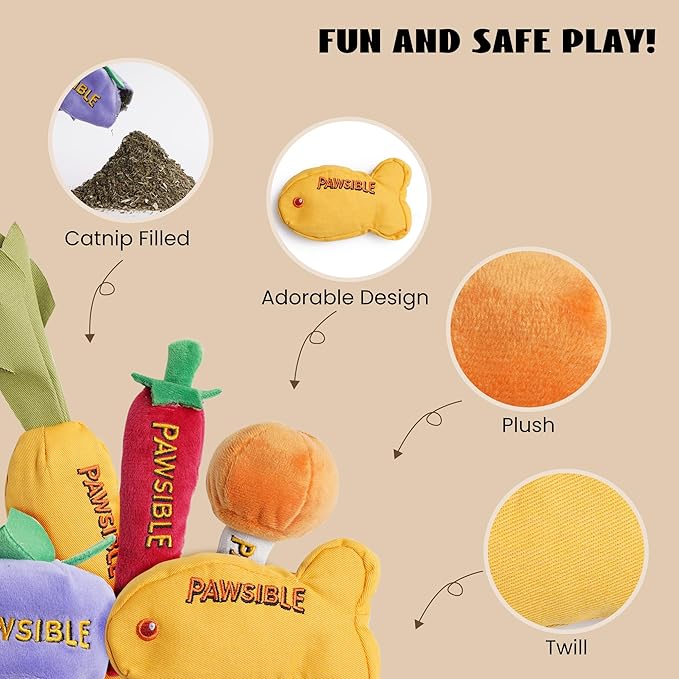Pawsible 5 Pack Catnip Toys for Indoor Cats - 100% Organic Catnip Filled, No Cotton, Durable Teething Kicker Toys for Kittens, Food-Shaped Plush Chew Toys