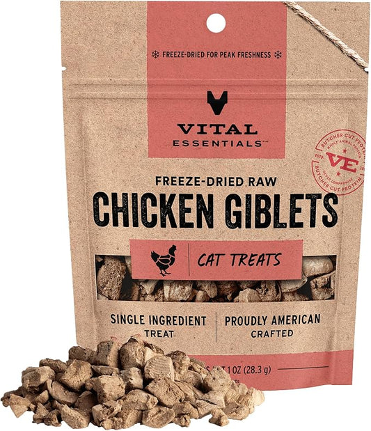 Vital Essentials Freeze Dried Cat Treats | Chicken Giblets, Single Protein | Premium Quality | Grain Free, Healthy Treats for Cats, 1 oz Bag