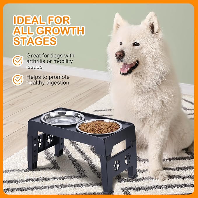 LALOBLUE Elevated Dog Bowls, Raised Bowl with 2 Stainless Steel Food Bowls, Dog Bowls Stand Adjusts to 5 Heights 2.95", 8.46", 9.65", 10.82", 12.01" for Small Medium Large Cats Pets,Black