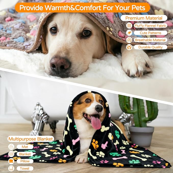 1 Pack 3 Blankets Premium Soft Fluffy Pet Flannel Blanket,Paw Printed Throw for Dogs, Cats and Puppies (Paw Bone Set, 41×31 inch, Pack of 3)