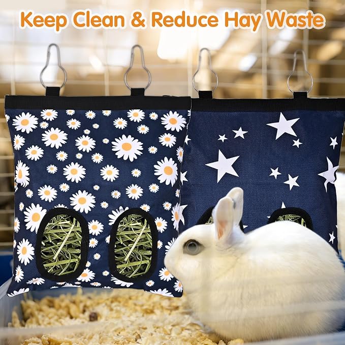 Upgraded Rabbits Hay Feeder Bag for Bunny, Guinea Pigs, Chinchillas - Hanging Washable 2-Hole Hay Dispenser with 600D Oxford Fabric, Small Animal Cage Accessories （Blue Star and Blue Daisy）