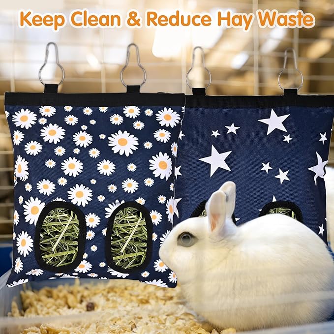 Upgraded Rabbits Hay Feeder Bag for Bunny, Guinea Pigs, Chinchillas - Hanging Washable 2-Hole Hay Dispenser with 600D Oxford Fabric, Small Animal Cage Accessories (Blue Daisy)