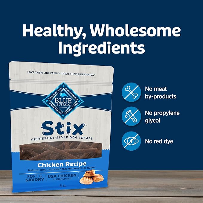 Blue Buffalo Chicken Stix Pepperoni-Style Dog Treats, Soft & Meaty Dog Snacks Made in the USA with Real Chicken & Natural Ingredients and Enhanced with Vitamins, Minerals, & Other Nutrients, 24 oz.