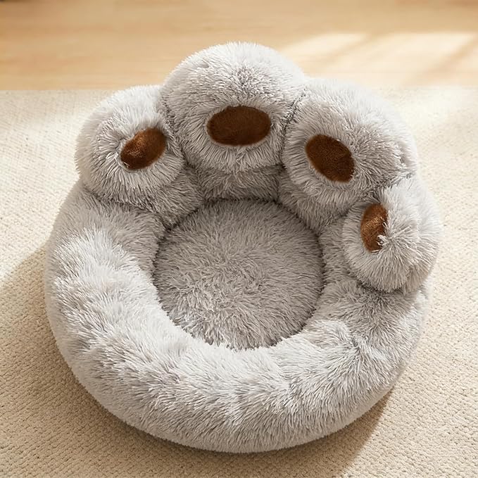 Cat Paw Shaped Cat Bed, Long Plush Calming Cat Bed for Indoor Cats, Washable Pet Bed with Anti-Slip Bottom, Soft Cozy Bed for Small Medium Large Cats & Dogs (Grey, Small)