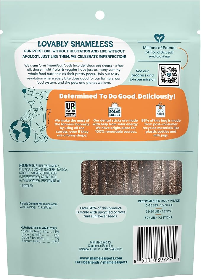 Shameless Pets Dental Treats for Dogs, Carrate Chomp - Healthy Dental Sticks with Skin & Coat Support for Teeth Cleaning & Fresh Breath - Dog Bones Chews Free from Grain, Corn & Soy