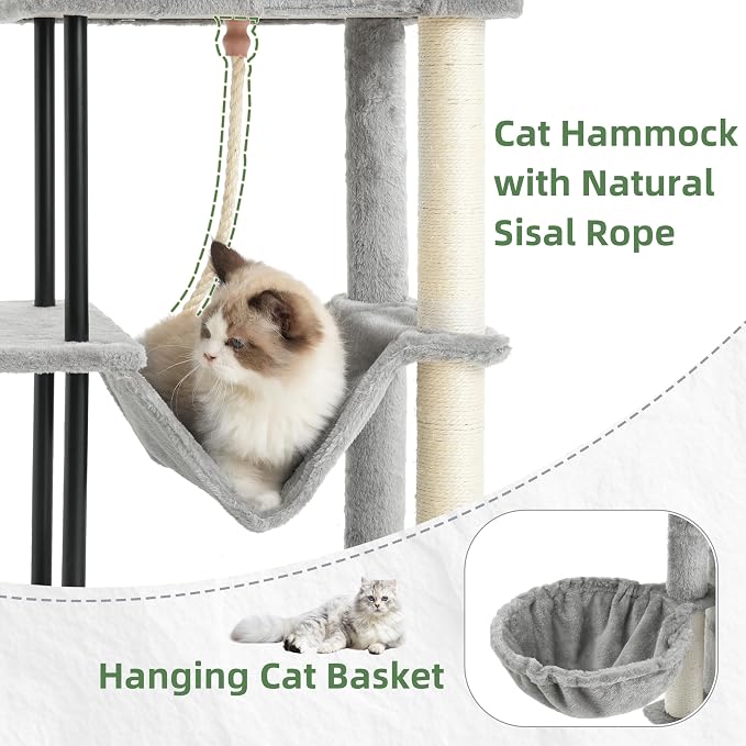 Gitelsnour Cat Tree, Cat Tower for Indoor Cats, 43.3 inch Cat Tree Tower with Sturdy Steel Tube, Cat Hammock, Cat Condo for Small Cats and Kittens, Cat Scratching Post, Light Gray GCT004SW