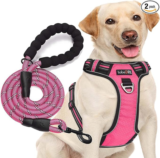 tobeDRI No Pull Dog Harness Adjustable Reflective Oxford Easy Control Medium Large Dog Harness with A Free Heavy Duty 5ft Dog Leash (S (Neck: 13"-18", Chest: 17.5"-22"), Pink Harness+Leash)