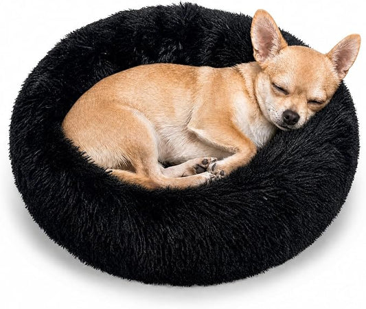 Tiny Dog Bed 15 Inch for Extra Small Dogs,Washable Puppy Bed,Soft Faux Fur Calming Donut Bed for Chihuahua Yorkie Maltese Pomeranian,Black