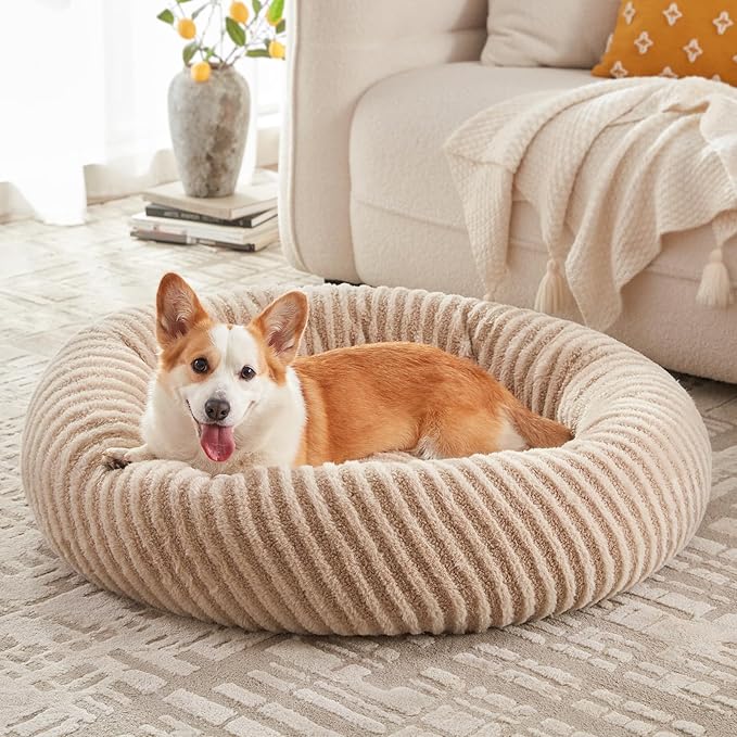 MIXJOY Dog Beds Large Sized Dogs, Washable Dogs Bed with Removable Cover, Cozy Donut Dog Ded Fluffy Plush Faux Fur Pet Bed with Anti-Slip Bottom, 36"x36"x10", Beige