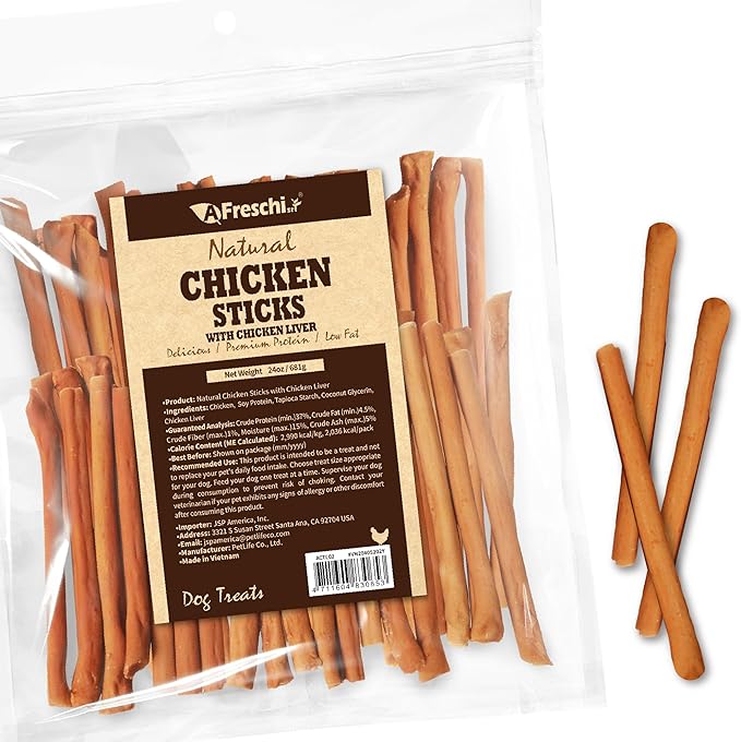 Afreschi Chicken Dog Treats, All Natural, Healthy & Easily Digestible, Grain-Free Puppy Chews, Low-Fat, Human Grade Training & Rewards Dog Snacks, Chicken Sticks with Liver, 24 oz Pack