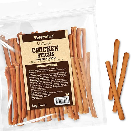 Afreschi Chicken Dog Treats, All Natural, Healthy & Easily Digestible, Grain-Free Puppy Chews, Low-Fat, Human Grade Training & Rewards Dog Snacks, Chicken Sticks with Liver, 24 oz Pack
