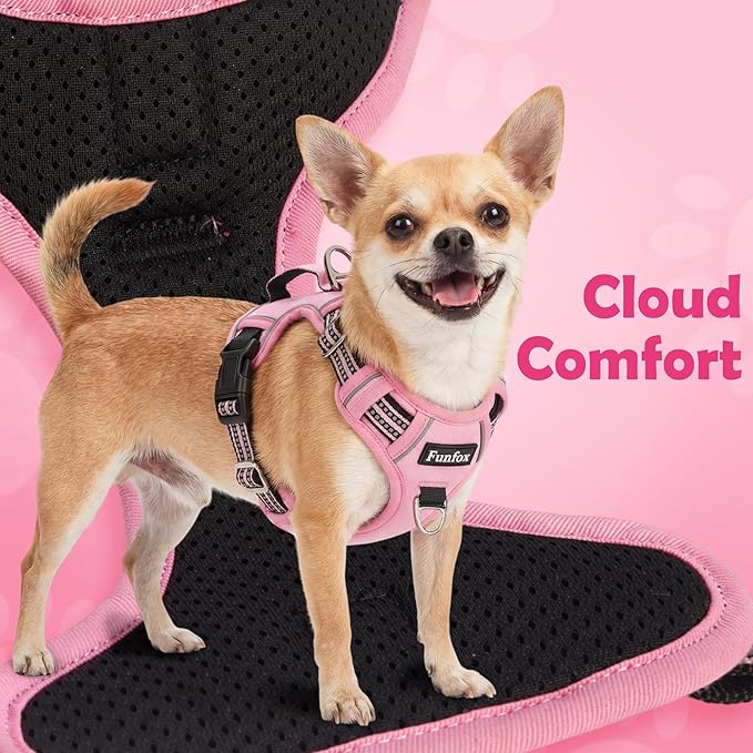 Funfox Dog Harness No Pull, Adjustable Pet Vest Harness, Super Soft Material with Vertical Handle Easy Control, Reflective Night Walking, 2 Leash Clips for Medium Sized Dogs, Pink, M