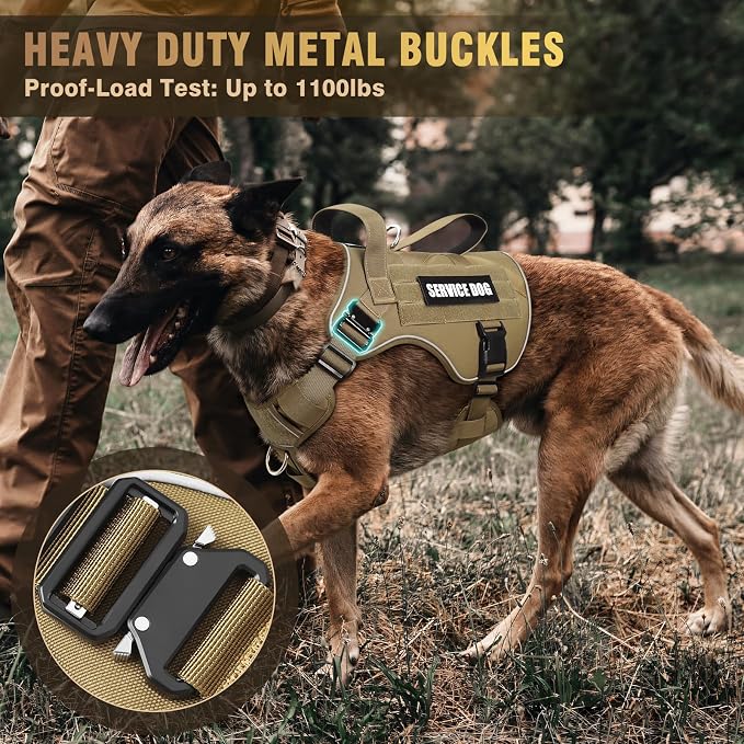 WINSEE Tactical Dog Harness for Large Dog, Heavy Duty Service Dog MOLLE Vest with 10 Pet Patches, No Pull Military Working Vest for Training Hunting Walking